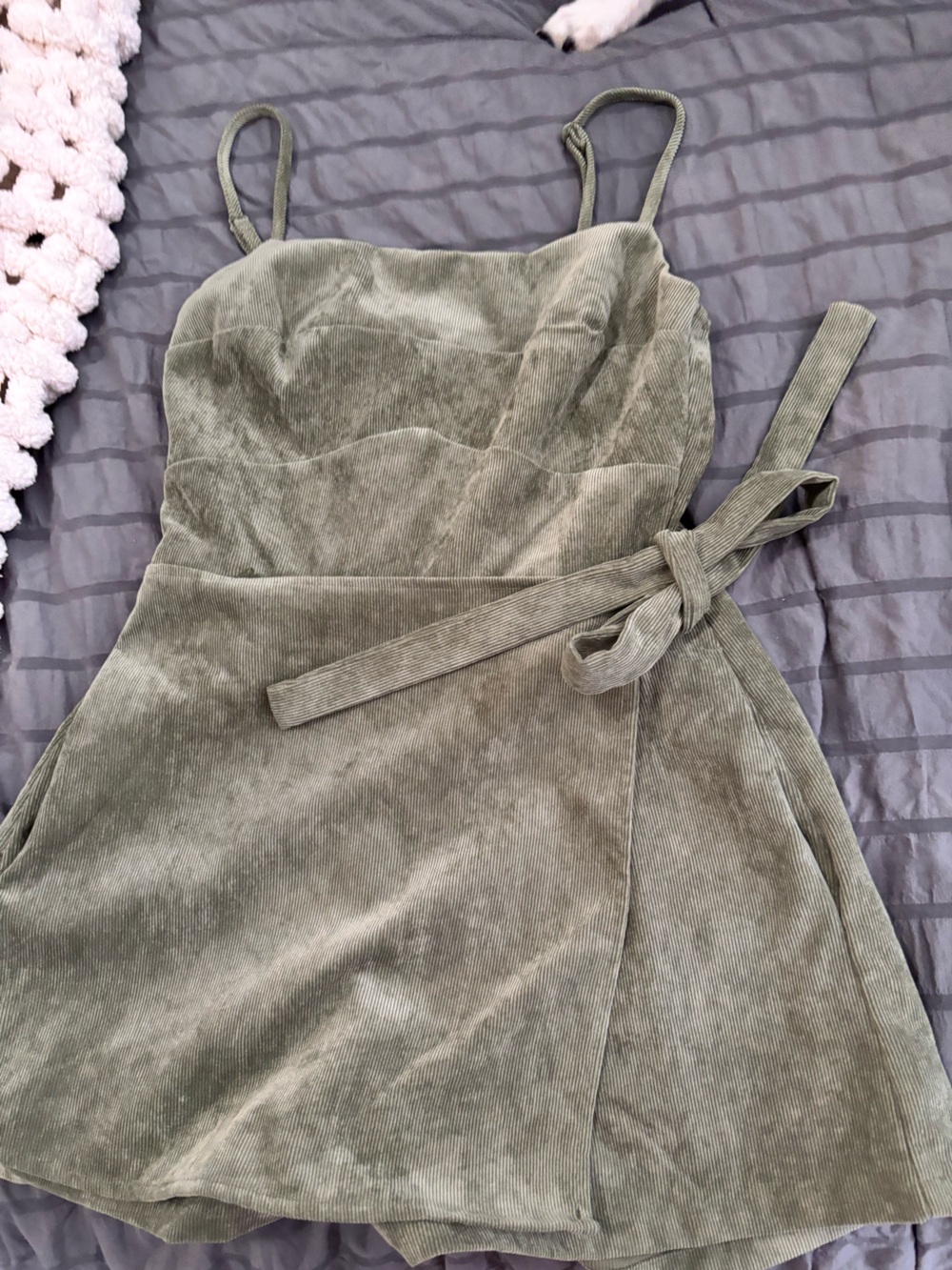 Francesca's Collections Olive Green Corduroy Tie-Waist Romper
